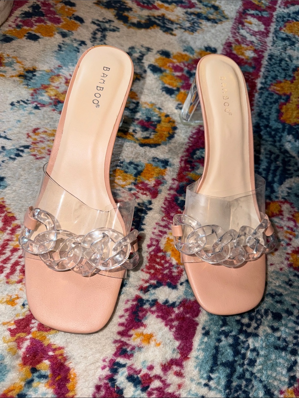 BAMBOO Pink Clear Chain-Link Slide Heels